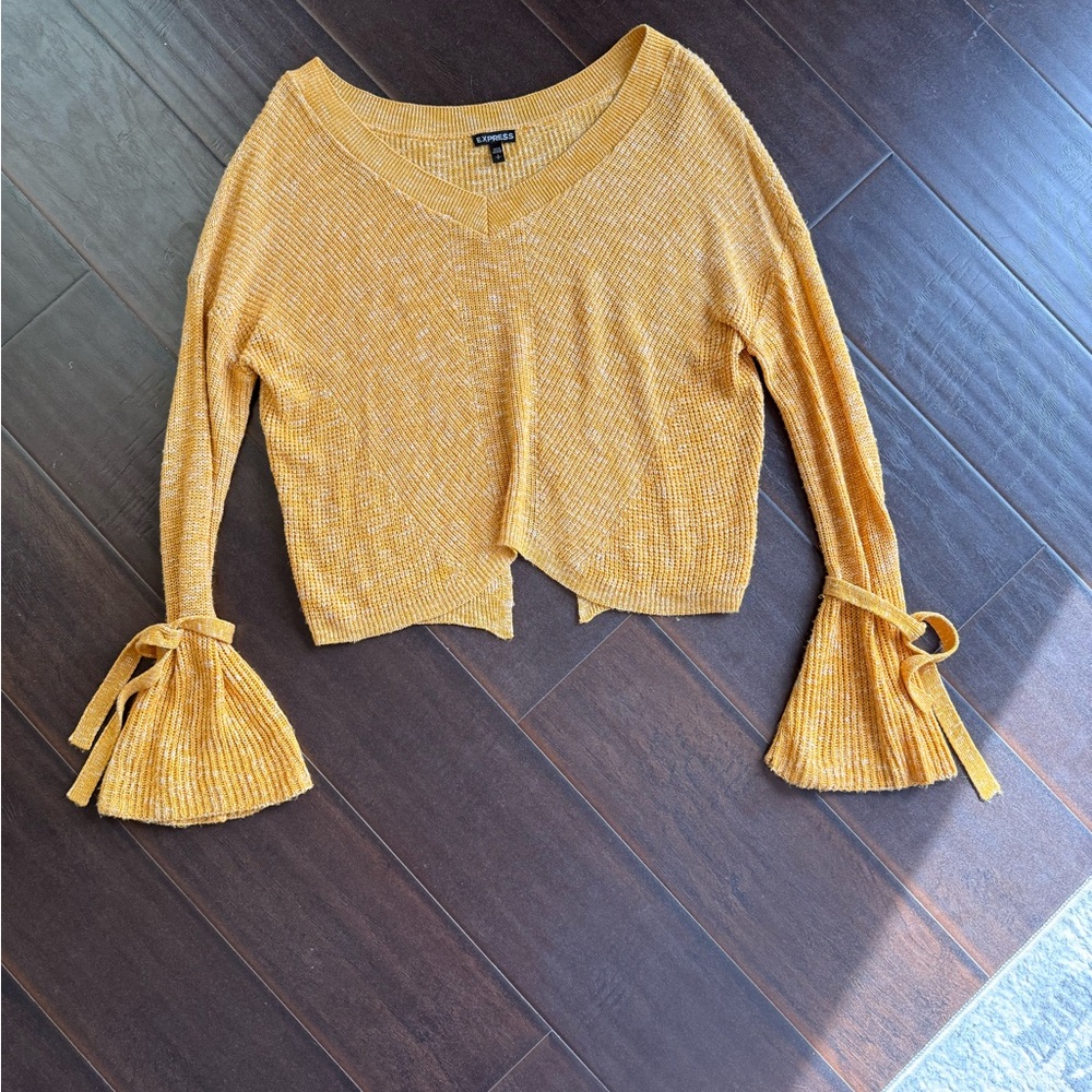 Express Yellow V-Neck Knit Top with Bell Sleeves